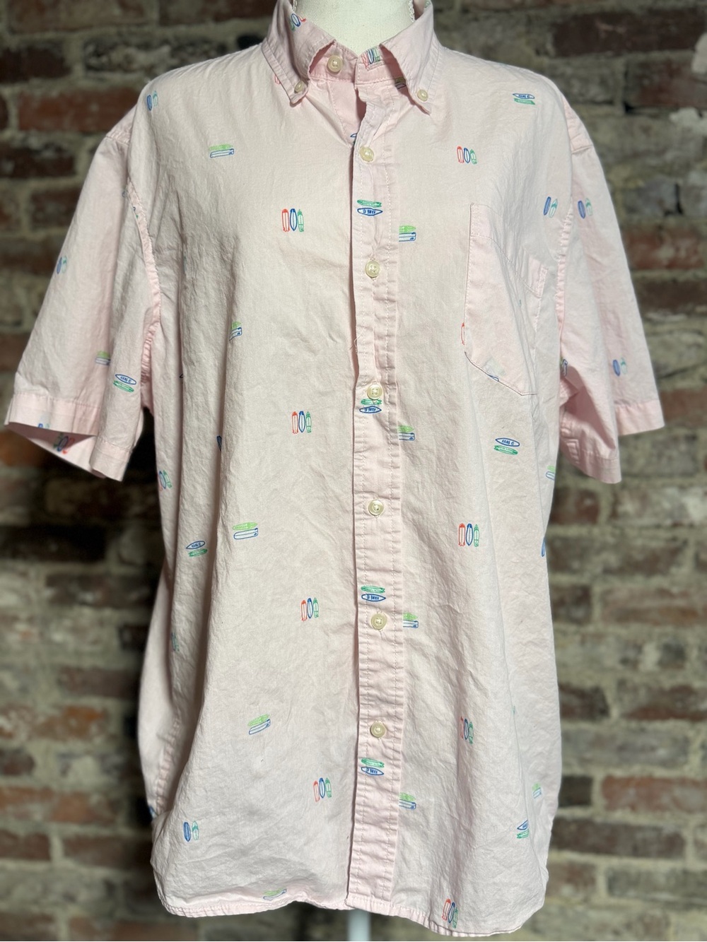Chaps Mens Pink Surfboard Novelty Print Short Sleeve Button Down Shirt Size XL